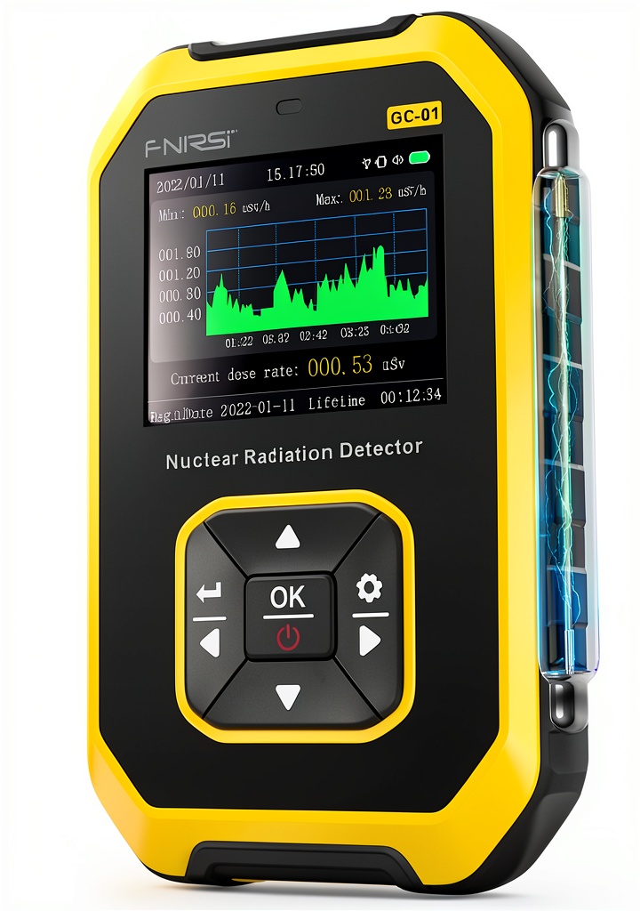 FNIRSI GC-01 Geiger counter displaying radiation levels on a dark background