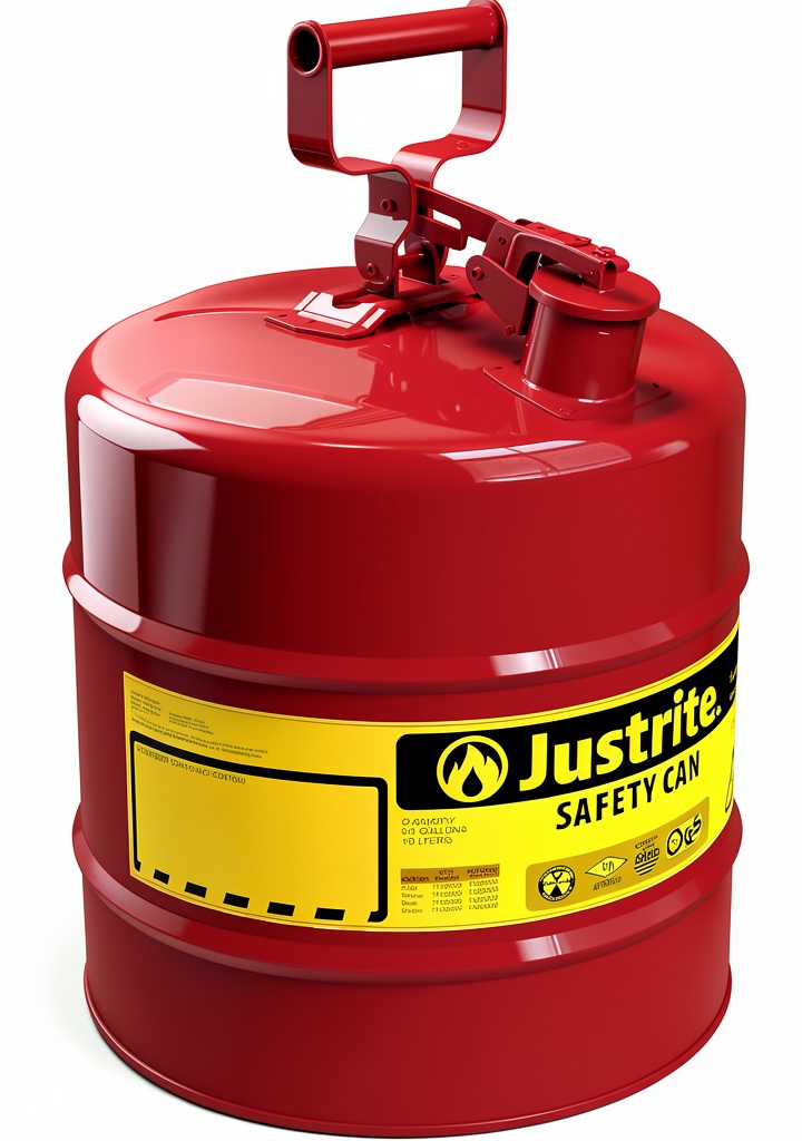Justrite Gasoline Safety Can being used to refuel a generator in a garage setting