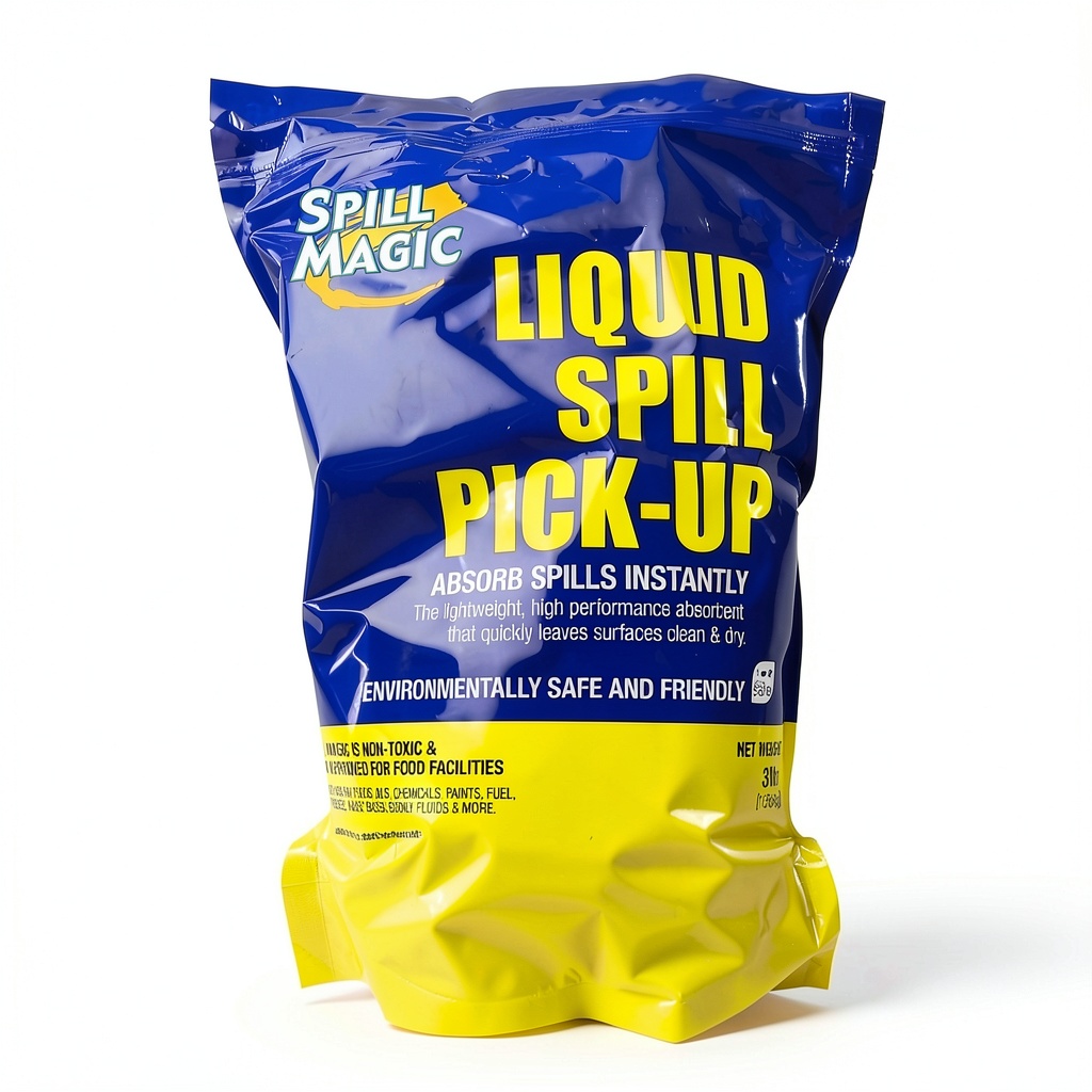 Spill Magic All Purpose Absorbent Powder absorbing oil spill on concrete floor