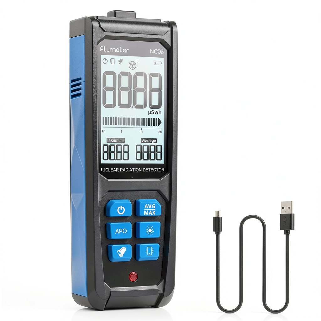 ALLmeter Geiger Counter displaying radiation levels on a laboratory bench