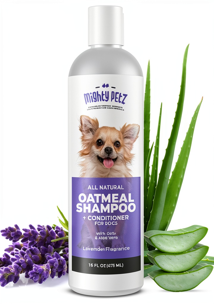 Installing Dog Shampoo Mighty Petz Oatmeal Aloe 16oz on a wooden bathroom counter