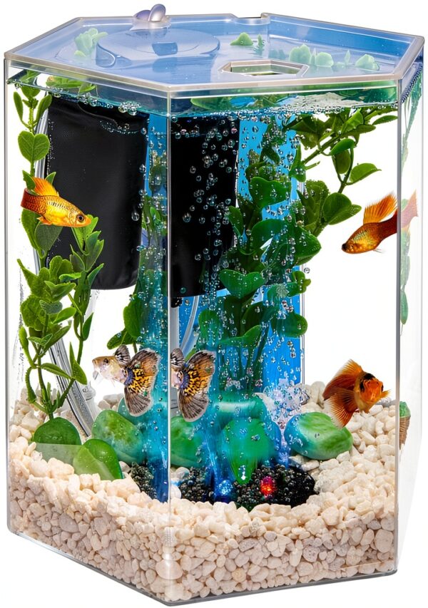 Tetra Bubbling LED Aquarium Kit 1 Gallon, Hexagon Shape, With Color-Changing Light Disc-1